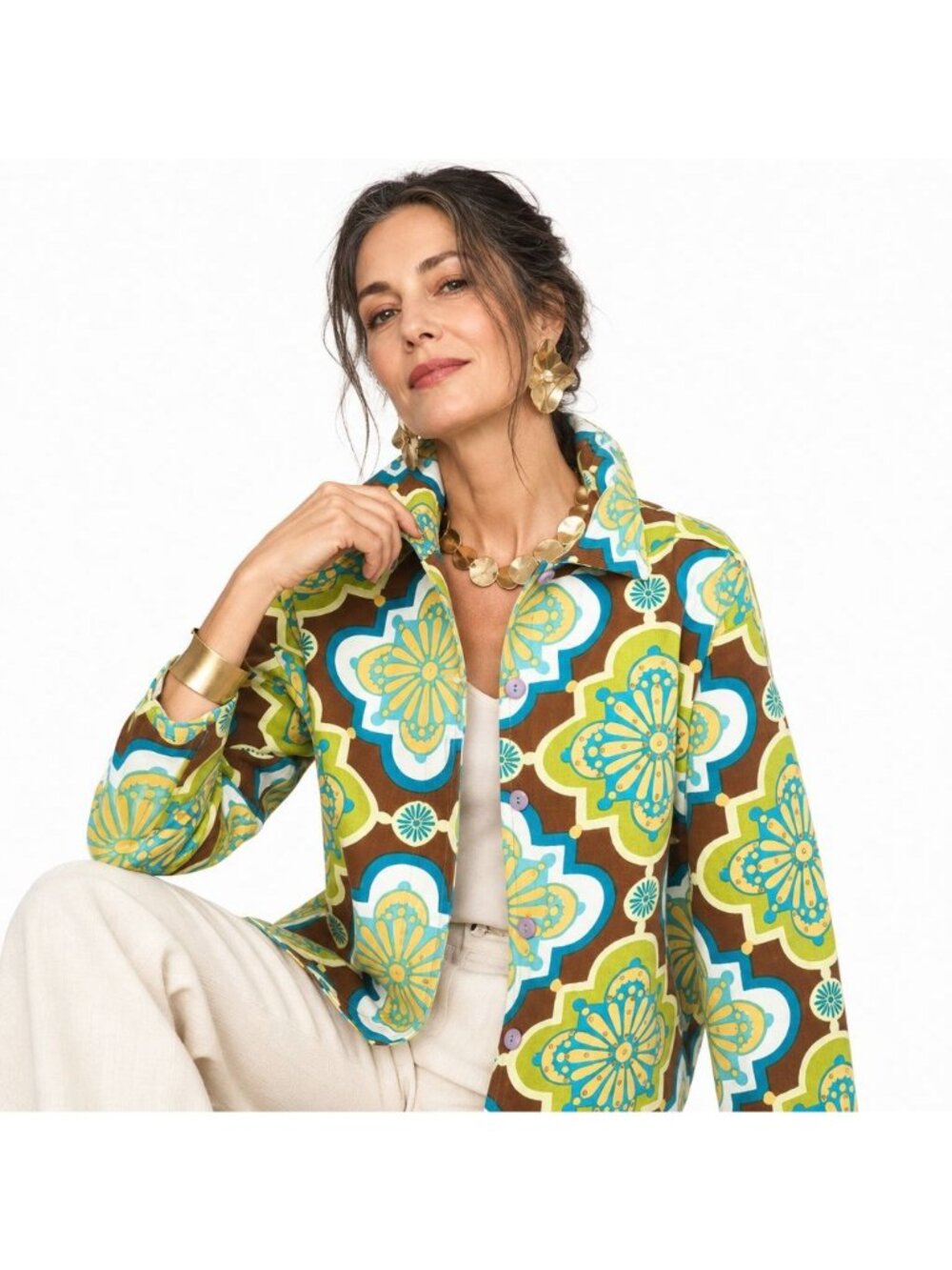 NWT Gaudy Couture Geometric Artsy Boho Jacket Women XL Green Sequin Floral Cotto